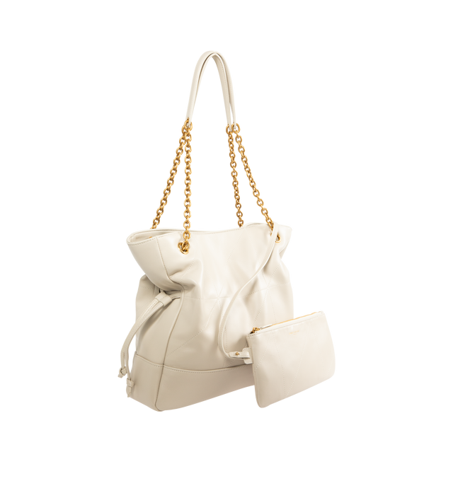 Image 2 of 3 - WHITE - SAINT LAURENT Jamie Shopping Bag Small in lambskin featuring the cassandre and CARR RIVE GAUCHE topstitching, chain strap, removable zip pouch, a chain and drawstring ties allow the sides to be cinched or expanded to create different silhouettes, grosgrain lining, bronze-tone hardware and magnetic closure. 10.6" x 11.4" x 4.3". Strap drop: 9.8". Lambskin. Made in Italy.