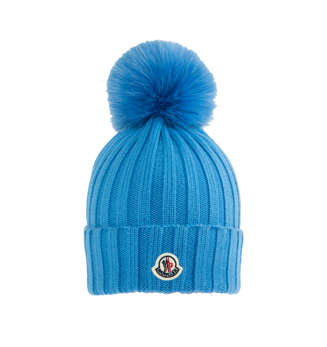 Image 1 of 2 - BLUE - MONCLER BEANIE has English rib-knitting and logo at front. 100% virgin wool.  
