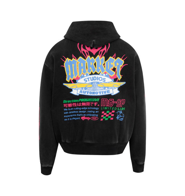 Image 2 of 2 - BLACK - MARKET V12 Hoodie featuring hooded neckline, ribbed hem and cuffs, graphic on front, back and sleeves and front kangaroo pocket. 100% cotton.