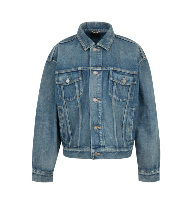 Image 1 of 3 - BLUE - Saint Laurent Womens Jean Jacket is crafted from certified cotton denim. Features a loose fit, button-front closure, pointed collar, buttoned flap chest pockets, front welt pockets, one-button cuffs, cotton lining, and embossed Saint Laurent Paris leather jacron. Main Material: 100% Cotton; Lining: Cotton. Made in Japan.