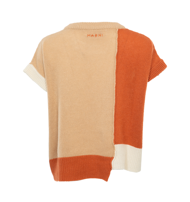 Image 2 of 4 - BROWN - MARNI Asymmetrical Length Cashmere Sweater featuring crewneck, short sleeves, ribbed trim, hip length, relaxed fit and pullover style. 100% cashmere. Made in Italy. 