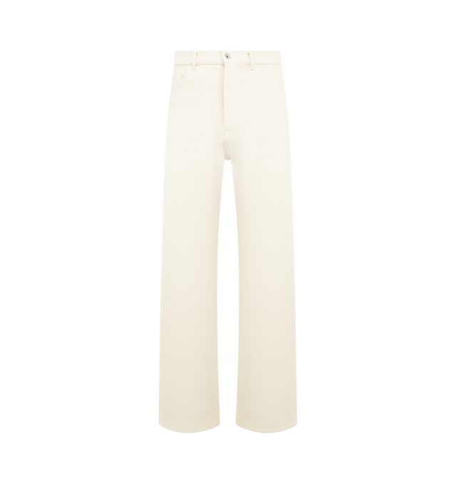 Image 1 of 3 - WHITE - AURALEE Silk Nep Denim 5P Wide Pant featuring wide fit, button zip closure, belt loops at waist and 5 pocket style. 100% silk.