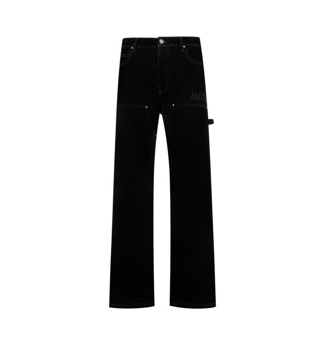 Image 1 of 3 - BLACK - Amiri Men's Flock Denim Carpenter Jeans are crafted from premium cotton denim and feature a relaxed carpenter silhouette with utility-inspired pockets, a hammer loop, and tonal flocked detailing for a textured contemporary finish. These designer jeans combine exceptional Italian craftsmanship with Amiri's signature luxury streetwear aesthetic, creating a statement denim style that blends workwear influences with elevated design. Main Material: 100% Cotton. Made in Italy.