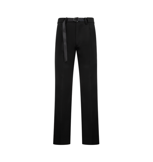 Image 1 of 3 - BLACK - MONCLER Twill Pant featuring two-way stretch twill, adjustable belt, zipper and snap button closure and silicone logo patch. 53% polyester, 43% wool, 4% elastane/spandex.