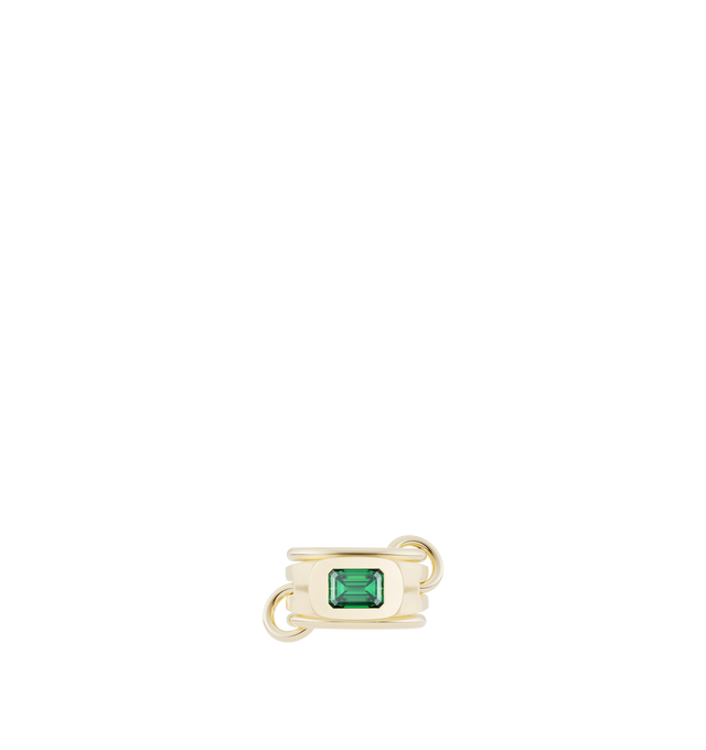 Image 1 of 1 - GOLD - Spinelli Kilcollin Harlow emerald ring features an all-new linked signet design at its center, framed by two full-round bands in matching 18k yellow gold. At its core rests a burnish-set emerald, perfectly contrasting the all-gold construction. All bands are linked by tactile connectors that allow this style to be worn spread across multiple fingers, or stacked as a structural whole. Each Harlow YG Emerald is individually handmade in Los Angeles. Bands: 18k yellow gold, 2.3mm gauge 18k