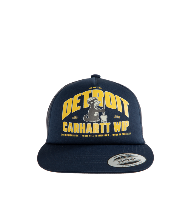 Image 1 of 2 - BLUE - CARHARTT WIP Underground Trucker Cap featuring a five-panel style made from polyester foam with a firm, flat peak, adjustable snap-back closure and graphic print on the front. 100% polyester.