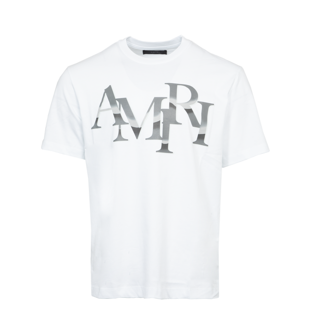 Image 1 of 2 - WHITE - AMIRI Staggered Chrome Tee featuring regular-fit, short sleeves, crewneck and graphic logo text at chest. 100% cotton. 