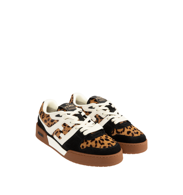 Image 2 of 5 - BROWN - FENDI Match Sneaker featuring low-top, platform, lace-up, made of cavallino calfskin with a brown Fendi Leo animalier print and black suede details, creating a double layer effect. White leather FF appliqus on the sides and hiking laces in the same color. Rubber sole with embossed Fendi lettering on the side. 100% calf leather, 100% hair-on calf leather. Made in Italy.