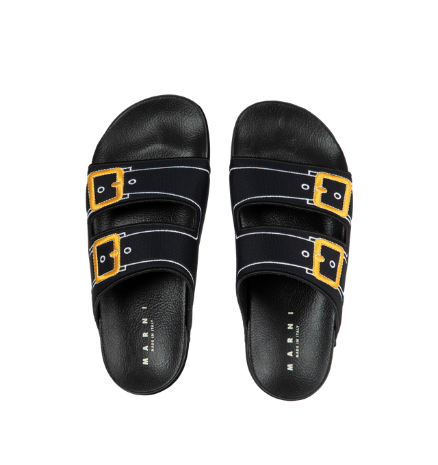 Image 4 of 4 - BLACK - MARNI Trompe L'Oeil Slider featuring padded fabric slider with trompe l'oeil embroidered buckle detailing, embellished with Marni lettering on the side and moulded footbed and rubber sole. 62% polyester, 26% polyamide/nylon, 12% elastane/spandex. Sole: 100% rubber. 