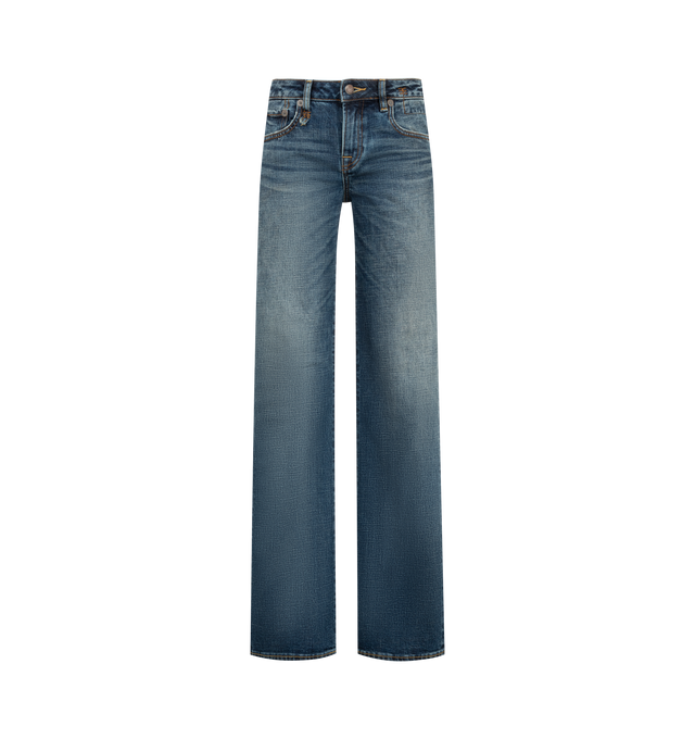 Image 1 of 3 - BLUE - R13 Womens Effie Jeans are crafted from 13 oz. rigid denim and feature a low-rise, relaxed straight-leg silhouette. Finished with a medium Sanford Blue wash and a moderate vintage wear pattern. Main Material: 100% Cotton. Made in the USA.