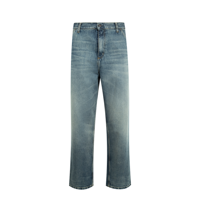 Image 1 of 3 - BLUE - CARHARTT WIP Single Knee Jeans featuring relaxed-fit, straight-leg, belt loops, five-pocket styling, zip-fly, utility pocket at outseams, logo patch at back pocket and contrast stitching in tan. 100% cotton.