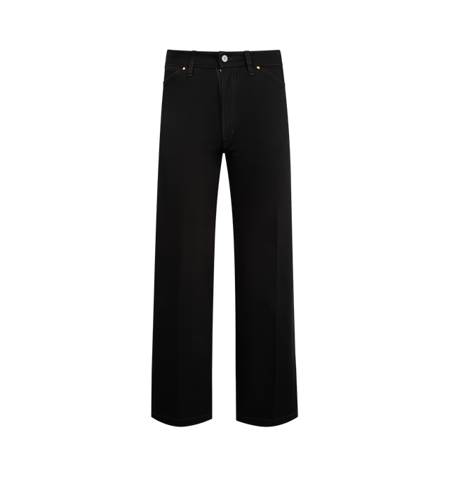 Image 1 of 3 - BLACK - LEMAIRE Wide Denim Pant featuring oversized fit, waistband with belt loops, zipped fly with double hook and button, side slant pockets with coin pocket, contrasting rivets, back patch pockets and logo embossed leather patch at back. 100% cotton. Made in Morocco.