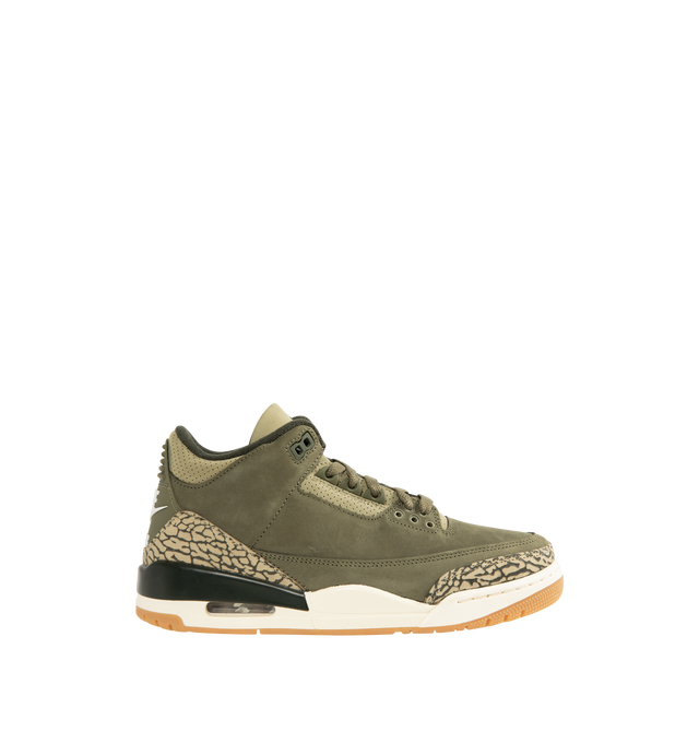 Image 1 of 5 - GREEN - JORDAN Air Jordan 3 Retro Sneaker featuring a luxe leather and nubuck upper, comfy collar, flexible foam midsole, Air-Sole units in the heel and forefoot and solid rubber outsole.