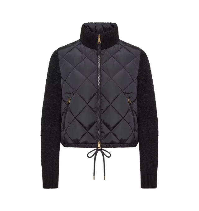 Image 1 of 1 - NAVY - Moncler Womens Cotton Blend Padded Zip-Up Cardigan is crafted from a cotton and nylon blend with a down-filled longue saison front and longue saison lining. Features a turtleneck, zipper closure, zipped pockets, and logo patch detailing. Base Fabric: Sleeves: 71% Cotton, 28% Polyamide / Nylon, 1% Elastane / Spandex; Collar: 70% Cotton, 30% Polyamide / Nylon; Outer Front: 100% Polyamide / Nylon; Body Lining: 100% Polyamide / Nylon; Padding: 90% Down, 10% Feather; Details Padding: 100% P