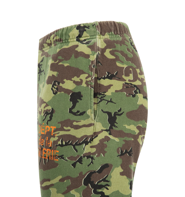 Image 3 of 3 - GREEN - GALLERY DEPT. Sweatpant joggers featuring side pockets, elasticized waistband with inner drawstring, FRENCH DPT. logotype at the hip and all-over camo print. 100% cotton. Made in USA.