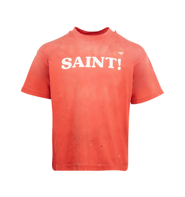 Image 1 of 2 - RED - SAINT MICHAEL Saint Tee featuring crew neck, short sleeves, relaxed fit and graphic print on front and back. 100% cotton.