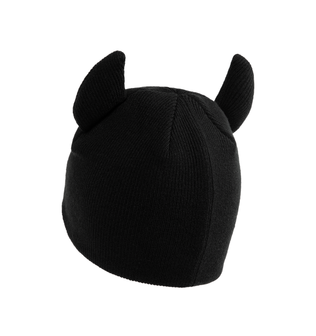Image 2 of 2 - BLACK - PLEASURES Horns Skully featuring knit fabric, devil horn inserts and embroidered Old English wordmark on front. 100% acrylic.