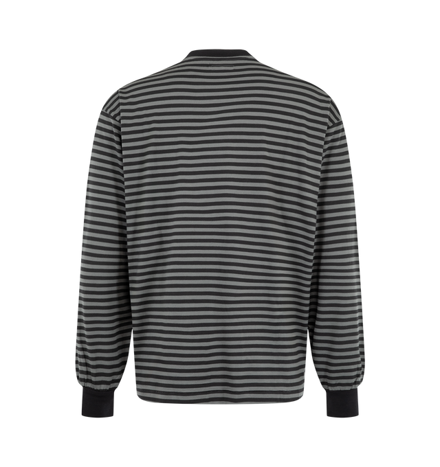 Image 2 of 2 - GREY - Kaptain Sunshine Wool Stripe L/S Tee is crafted from washable merino wool jersey and features a relaxed-fit silhouette, a crew neckline, long sleeves, and a pre-dyed striped pattern. Made from ultra-fine 14.5-micron Super 180's merino wool, this elevated essential offers exceptional softness comparable to cashmere while providing natural temperature regulation and deodorizing properties for year-round wear. Main Material: 100% Wool. Made in Japan.