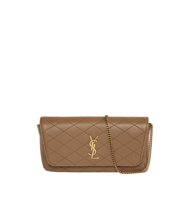 Image 1 of 3 - BROWN - SAINT LAURENT Chain Phone Holder with front flap and snap closure, bronze-tone hardware, and a single flat pocket at the back. Adorned with the Cassandre and diamond quilted over-stitching. Features a 20.1 inch drop chain shoulder strap.  Measures 7.5 X 3.9 X 1.8 inches. 90% lambskin, 10% metal. Made in Italy.  
