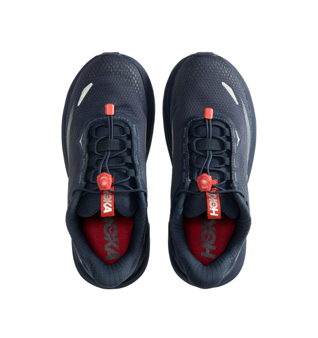Image 5 of 5 - NAVY - Hoka Women's Clifton 11 GTX Running Sneakers feature a closed-mesh upper with a GORE-TEX Invisible Fit membrane and PFC-free water-repellent treatment. An adjustable speed-lace system with toggle, reflective details, a compression-molded EVA midsole, and a Durabrasion rubber outsole with forefoot traction pods complete the weather-ready design. Upper: Mesh with GORE-TEX Membrane. Midsole: EVA Foam. Sole: Rubber. Heel-to-Toe Drop: 8 mm.