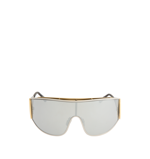 Image 1 of 3 - SILVER - LOEWE Speed Shield Sunglasses featuring shield-shape in a wraparound metal construction with a lens that extends into a distinctive triangle-shaped temple, complemented by contrast trim, universal fit, UVA/UVB protection and engraved LOEWE. Metal. Temple size: 12 cm. Made in Italy.