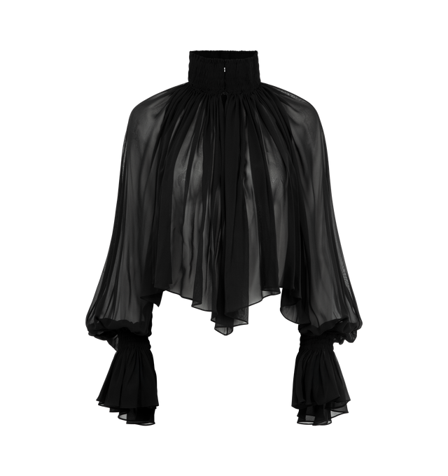 Image 1 of 5 - BLACK - KHAITE Durer Top featuring fluidly formed shirt framed by a high stand collar, cutaway silhouette with hand-crushed cartridge pleating and billowing sleeves cinched at the wrist. 100% silk.
