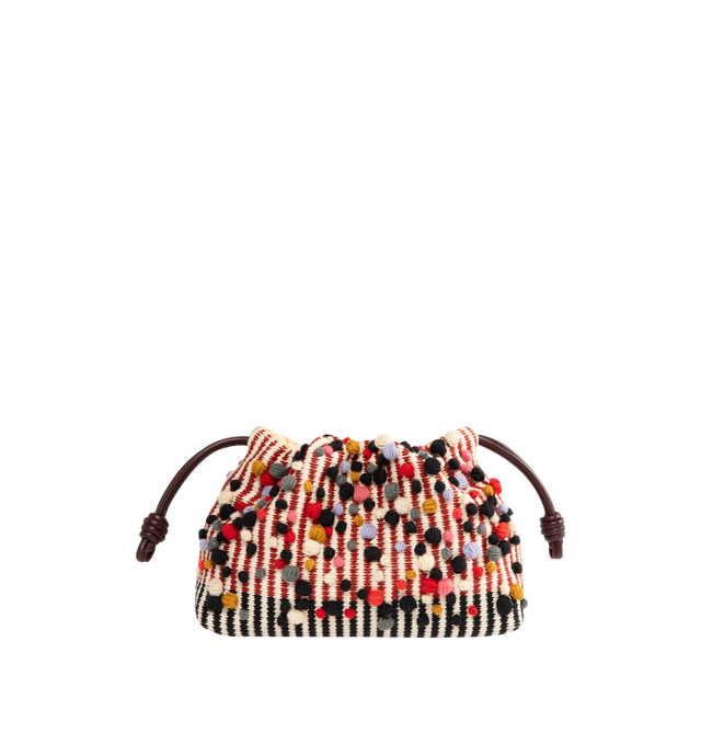Image 1 of 4 - MULTI - LOEWE Medium Flamenco Purse in embroidered textile featuring a ruched shape, historical knot drawstrings, 3D wool dots, shoulder, crossbody or hand carry, detachable donut chain with Anagram Pebble, detachable and adjustable leather strap, magnetic closure, nappa lambskin lining and gold embossed LOEWE and Anni Albers signature. 20 cm x 30 cm x 10.5 cm. Made in Spain.