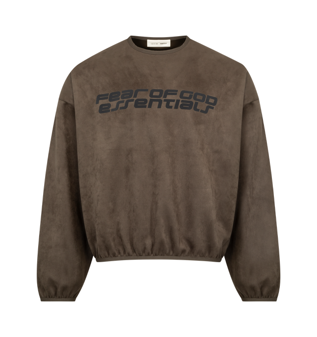 Image 1 of 2 - BROWN - Fear of God Essentials Modern Crewneck Sweatshirt is crafted from bonded suede fleece, offering a plush, suede-like hand feel that complements the modern fit with a wider oversized silhouette. The piece is detailed with a HD-printed Fear of God Essentials lockup, while finishing touches include short rib-knit collar, cuff, and waist hem. A Fear of God Essentials rubberized label stitched at the back collar. 8% cotton / 92% Polyester fleece.