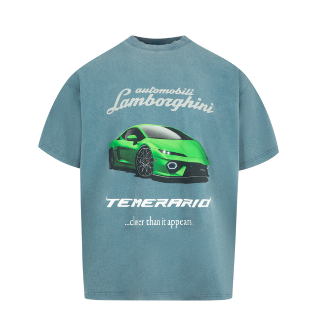 Image 1 of 2 - BLUE - BALENCIAGA X LAMBORGHINI Oversized T-Shirt featuring cotton-jersey, crewneck, short sleeves and printed graphic on front. 100% cotton.