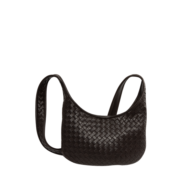 Image 1 of 4 - BLACK - BOTTEGA VENETA Small Veneto Bag featuring cross-body bag with rounded shape, intrecciato nappa leather fluffy, one interior zipped pocket and zipper closure. 6.7" x 10.6" x 1". Lambskin. Made in Italy.