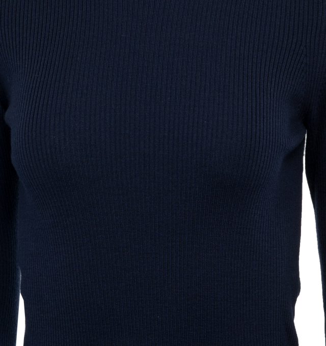 Image 4 of 4 - NAVY - MONCLER Wool Zip-Up Turtleneck Sweater ribbed knit, zipped turtleneck and bicolor logo band. 98% wool, 1% elastane/spandex, 1% polyamide/nylon. Made in Italy. 