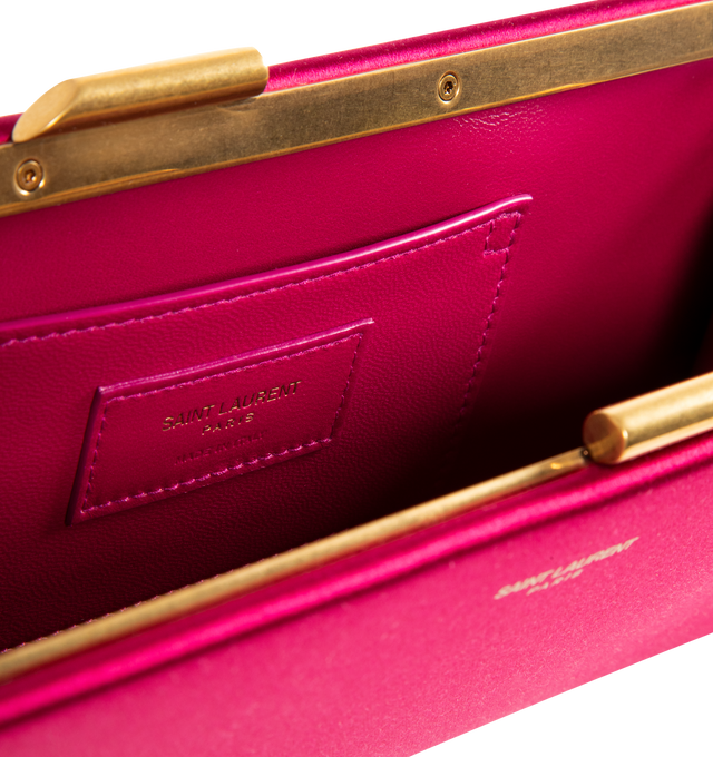 Image 3 of 3 - RED - SAINT LAURENT Midnight Small Clutch in satin featuring thin clutch case with a kiss-lock closure, embossed with the SAINT LAURENT PARIS signature, a stowable chain shoulder strap, certified viscose, leather lining, bronze-tone hardware and one inner pocket. 10.2" x 3.9" x 0.61.6". Viscose, silk. Made in Italy.