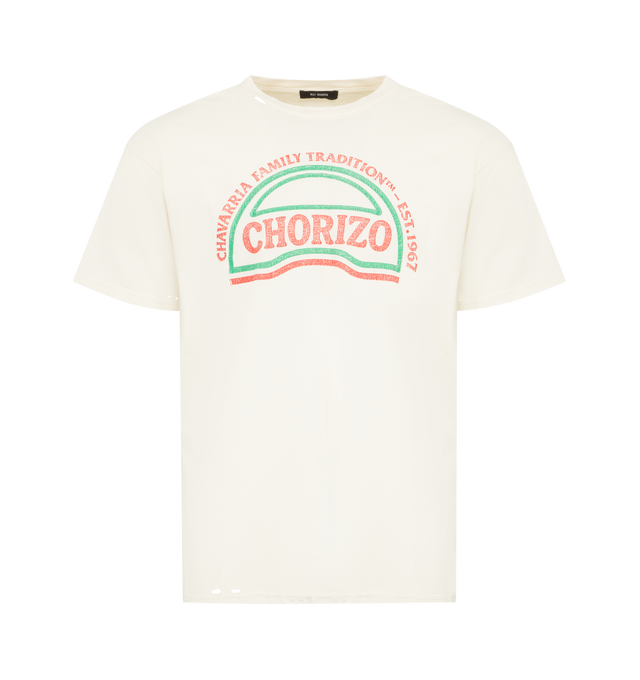Image 1 of 2 - WHITE - WILLY CHAVARRIA Chorizo Tee featuring a relaxed, effortlessly worn fit, subtle distressed holes at the collar, sleeves, and along the lower hem, a vintage-style CHORIZO graphic at the chest, short sleeves and crewneck. 100% cotton.