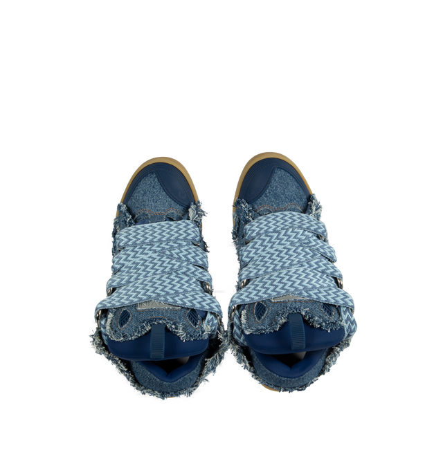 Image 5 of 5 - BLUE - LANVIN Curb Sneakers featuring denim, frayed edges, almond toe, waxed and woven double laces with a herringbone motif, quilted tongue with the Lanvin label and embossed Mother and Daughter logo. 100% cotton. Lining: 80% polyamide, 20% elasterell-p tricote. Made in Portugal. 