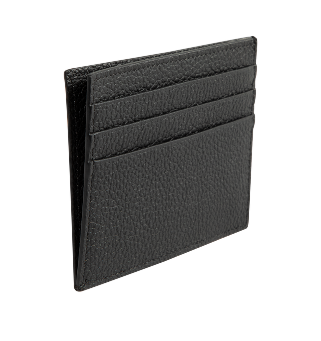 Image 2 of 3 - BLACK - THOM BROWNE Soft Pebble Grain Card Holder featuring single card holder in soft pebble grain leather with note compartment, 3 card slots on both sides, gold foil printed logo at face and signature striped grosgrain loop tabs at face. L 10 x W 2 x H 8 cm. 100% calf full grain leather. Made in Italy.