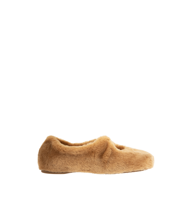 Image 1 of 4 - BROWN - LOEWE Pebble Soft Ballerina Flat in shearling featuring a flexible upper engineered for extra comfort, signature petal toe shape, engraved Anagram on pebble, padded leather insole and anagram embossed rubber outsole. Lamb shearling. Made in Italy.