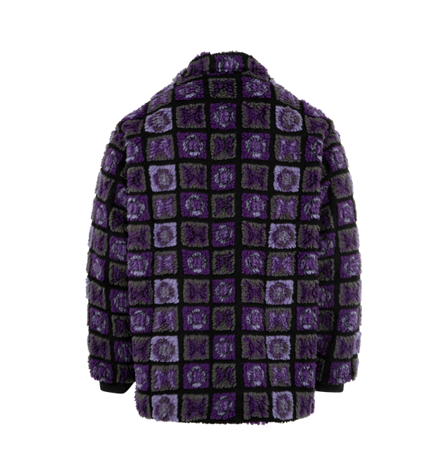 Image 2 of 3 - PURPLE - NEEDLES Papillon Plaid Pile Fur Jacket featuring stand-collar, oversized, wide silhouette, voluminous fur material, ribbed cuffs, iconic butterfly plaid pattern and zip closure. 100% polyester. Made in Japan.