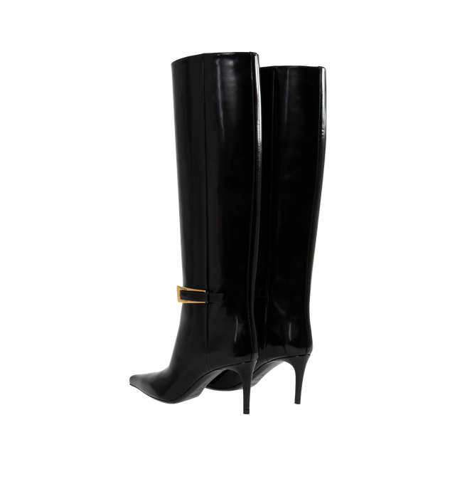 Image 3 of 5 - BLACK - Saint Laurent tube boots with pointed toe and 7cm high stiletto heel featuring a metallic buckle strap at the ankle. 100% calfskin leather with leather sole.  Made in Italy. 