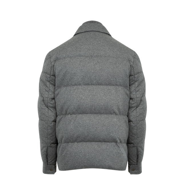 Image 2 of 3 - GREY - MONCLER Pres Cashmere Blend Down Shirt Jacket featuring smart cashmere blend jersey, Airsoft lining, down-filled, knit collar, zipper and button closure, zipped pockets, chest pocket with button closure, inner pockets with zipper and snap button closure and leather logo patch. 53% polyamide/nylon, 47% cashmere. Lining: 100% polyester. Padding: 90% down, 10% feather. Made in Moldova.