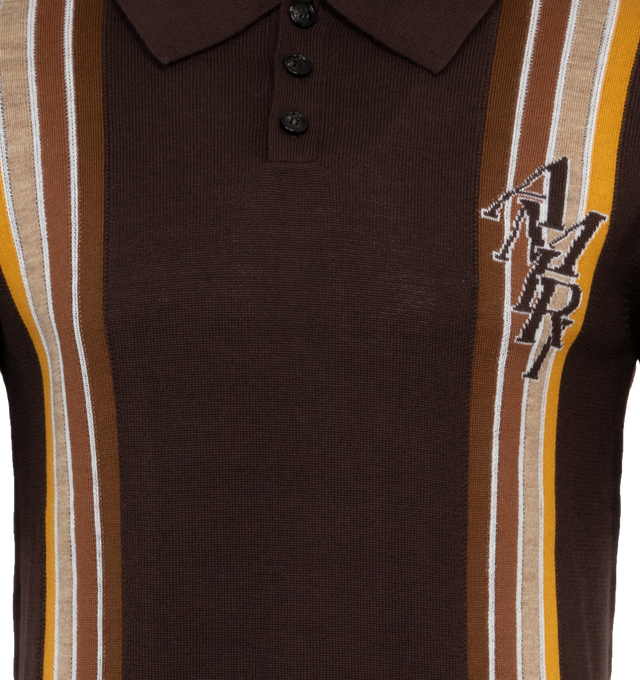 Image 3 of 3 - BROWN - AMIRI Retro Stripe Knit Polo Shirt featuring spread collar, three-button placket, short sleeves, ribbed cuffs and waistband and pullover style. Wool/cotton. Made in Italy. 