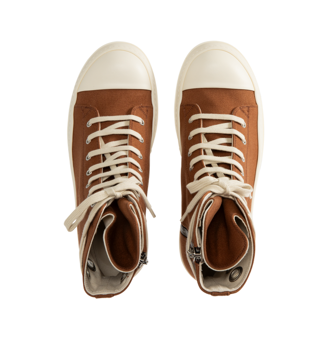 Image 5 of 5 - ORANGE - Rick Owens DRKSHDW Denim Sneaks Sneakers featuring High-top overdyed 13oz GOTS-certified organic cotton, faux-leather cap toe, lace-up closure, extended tongue, zip closure at inner side, eyelet vents at collar, grommets at heel, logo printed at faux-leather insole and treaded rubber sole. Upper: organic cotton. Sole: rubber. Made in Italy.