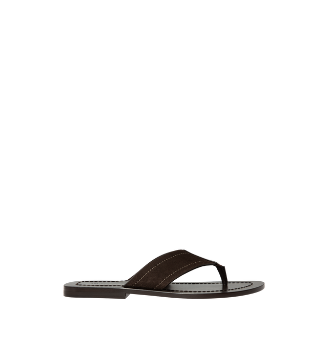 Image 1 of 4 - BROWN - The Row Mens Dan Flip Flop is crafted from calfskin suede. Feature a slip-on silhouette, lambskin leather lining, and calfskin leather sole. Main Material: Calfskin Suede; Lining: Lambskin Leather; Sole: Calfskin Leather. Made in Italy.