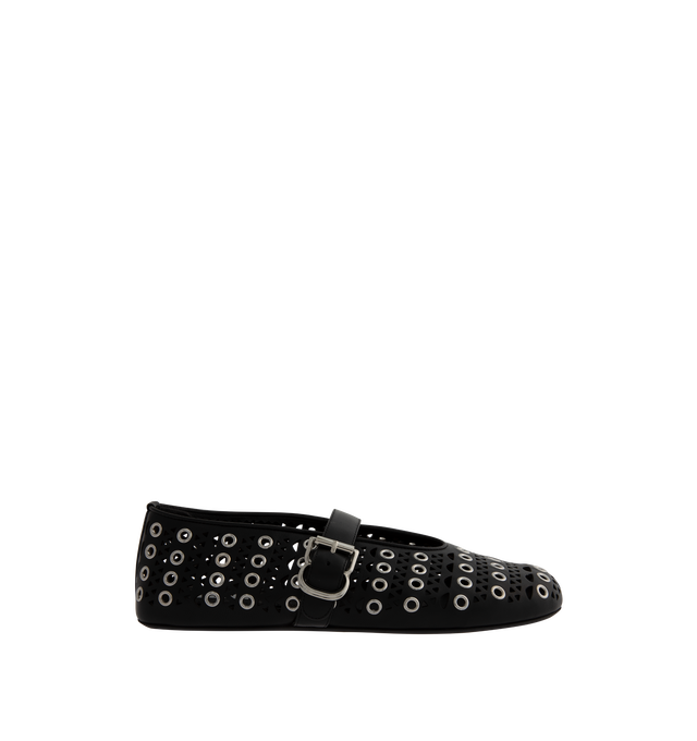 Image 2 of 4 - BLACK - ALAA Signature ballet flats inspired by classical Japonese shoes featuring buckle strap on top, round toes, and leather perforated with the iconic "Vienne" motif and enhanced by metallic eyelets. Lambskin upper and lining, rubber sole. Made in Italy.