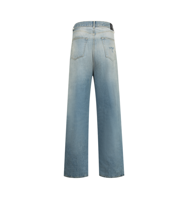 Image 2 of 3 - BLUE - R13 Wayne Articulated Knee Jeans featuring non-stretch denim, low waist, cut with an oversized wide leg and a puddle hem. 100% cotton.