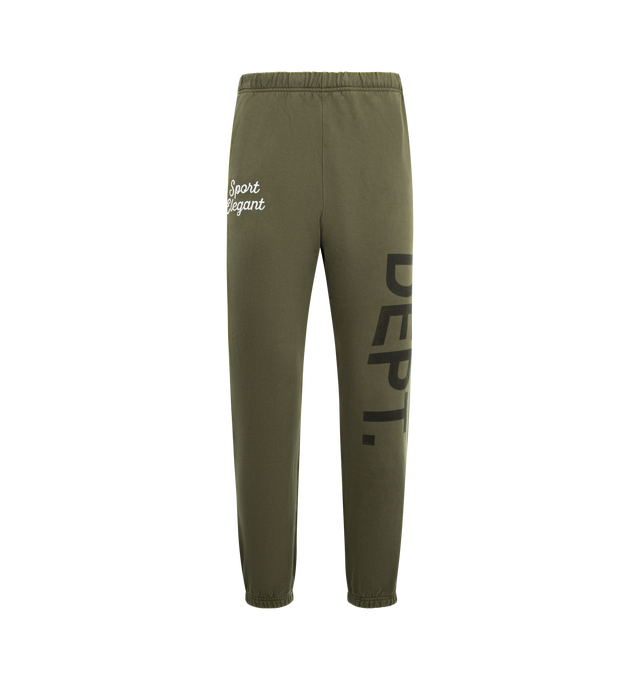 Image 1 of 3 - GREEN - GALLERY DEPT. Team Dept Sweatpant featuring sweatpant joggers, side seam pockets, elasticized waistband and cuffs with inner drawstring, distressed FRENCH DPT. print down the left leg, embroidered 'Sport Elegant' logotype and inner 'Art on Display' patch. 100% cotton. Made in USA.