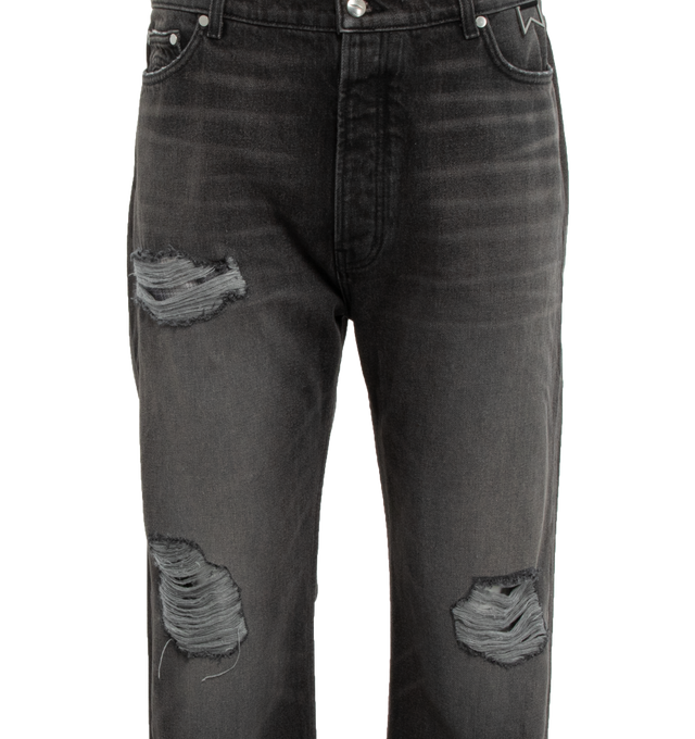 Image 3 of 5 - BLACK - RHUDE Classic Fit Stretch Cotton Denim Jeans in a mid-rise design with distinctive seamlines, an integrated boxer brief, and exclusive Rhude Closure button & hardware for a personalized touch. 98% COTTON, 2% ELASTANE. 