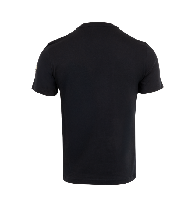 Image 2 of 3 - NAVY - MONCLER Cotton & Denim T-Shirt with Pocket featuring organic cotton jersey, crew neck, short sleeves and denim chest pocket. 100% cotton. Made in Turkey.