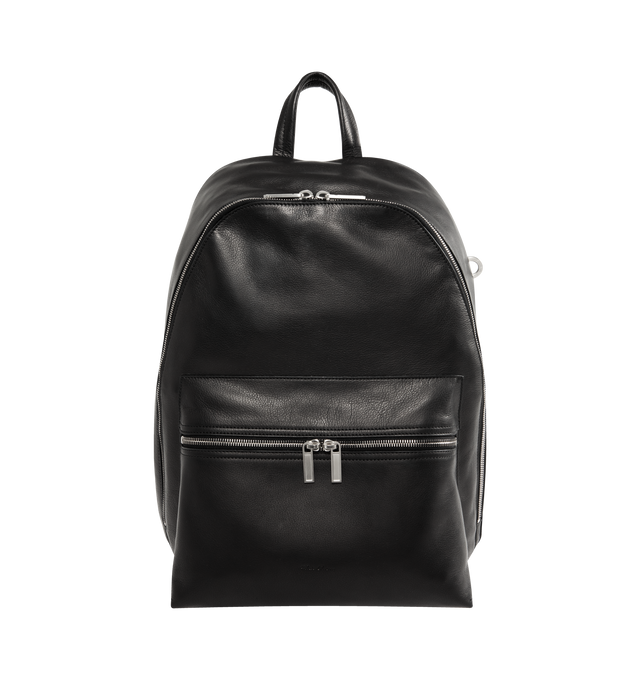 Image 1 of 3 - BLACK - RICK OWENS Leather Backpack featuring LWG-certified pebble-grained calfskin, rolled carry handle, adjustable padded shoulder straps, logo embossed at face, two-way zip pocket, D-ring at side, two-way zip closure, padded laptop compartment at interior and grained leather lining. H17" x W12" x D8". 100% calfskin. Made in Italy.