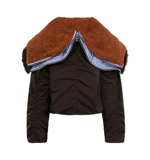 Image 2 of 3 - BROWN - Loewe Men's Double-Layer Technical Shell Jacket is crafted from lightweight technical polyamide and features a double-layer construction with dual hoods and a gingham-check backing. Designed in a relaxed fit with a regular length, it is finished with a split-zip hood with shearling lining and wired trim, a double-zip front closure, elasticated cuffs, a drawstring waist, and a utility sleeve pocket with a leather Puzzle puller. Snap welt pockets, interior jet pockets, and a full lining