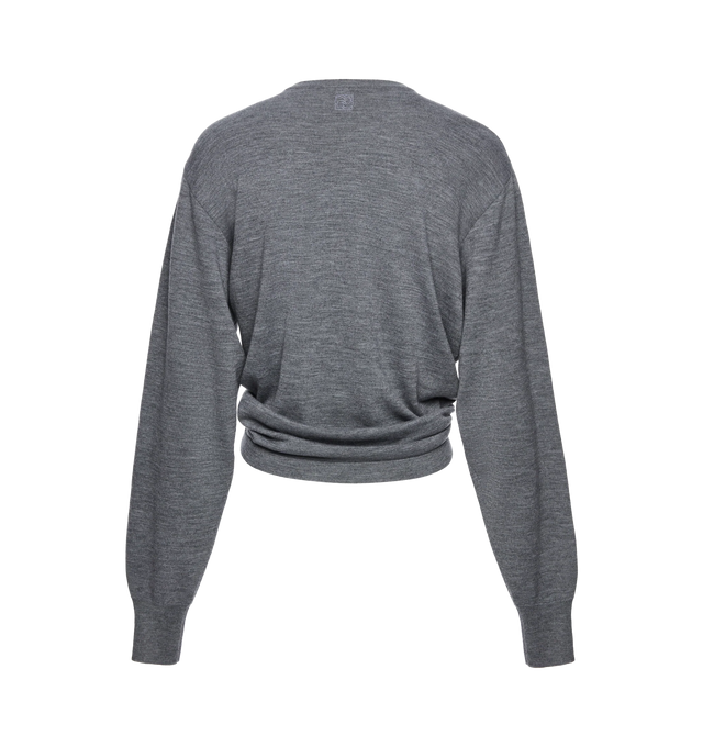 Image 2 of 2 - GREY - MAGDA BUTRYM Knotted Long Sleeve Shirt featuring lightweight wool longsleeve with a gathered front with a central knot detail at the waist, detachable shoulder pads for adjustable structure and a subtle logo embroidered on the back yoke. 100% wool.
